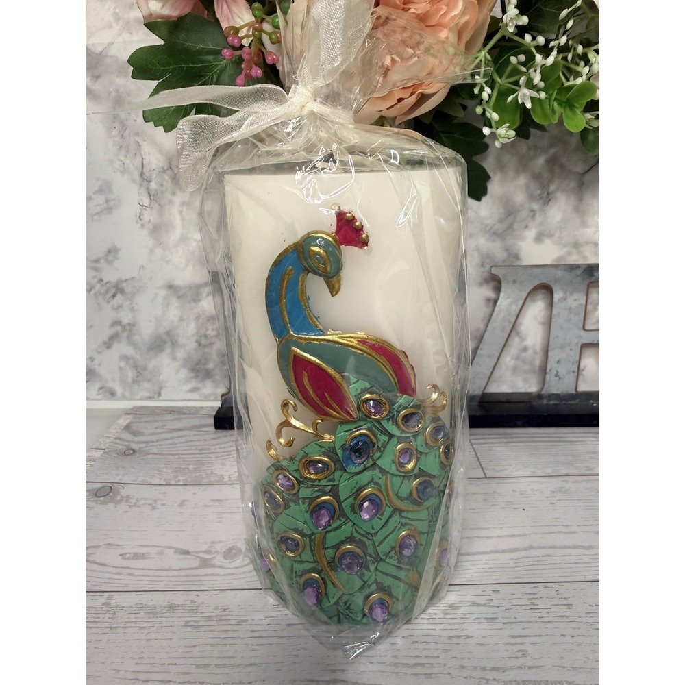 Vintage Pier 1 Imports Peacock Candle Rhinestone Feather‎ Pillar Home Décor Gift